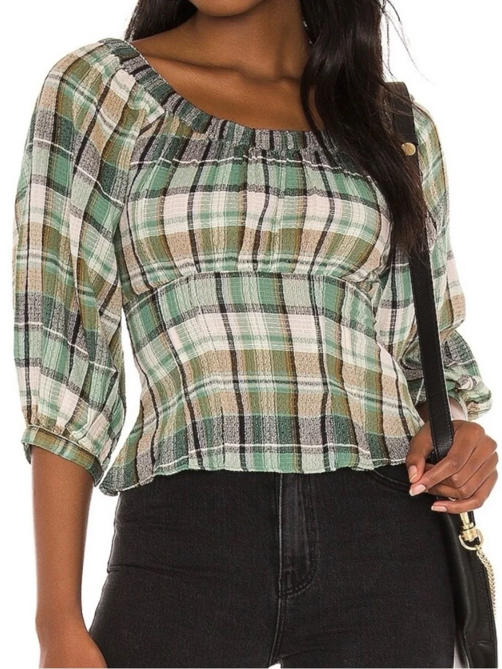 Free People Teagan Top L Teal Plaid Cotton Puff Sleeve Off Shoulder Peplum Boho